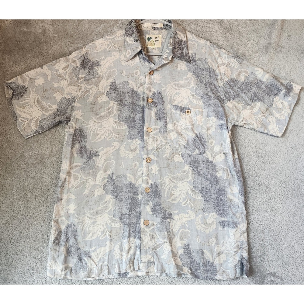 ME Sport Shirt Mens Mediu Blue Gray Floral Hawaiian Short Sleeve 90s Vintage